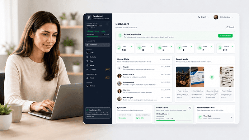 FamiPatrol dashboard overview with chats, media, contacts, documents, and activity