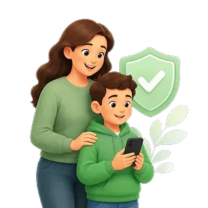 Parent and child reviewing a phone together