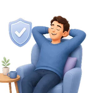 Relaxed parent beside a security shield